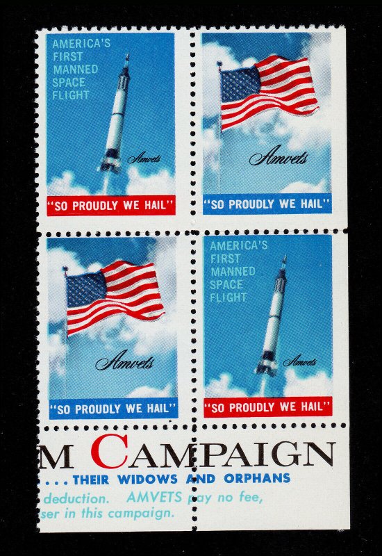 AMVET 1961-1962 AMERICANISM FLAG SPACE SO PROUDLY WE HAIL BLOCK OF 4 MNH-OG