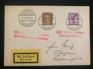 1928 Lubeck Germany First flight Airmail Postcard cover FFC To Pfozeim