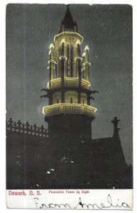 Prudential Tower by Night, Newark, New Jersey Undivided Postcard Mailed 1906