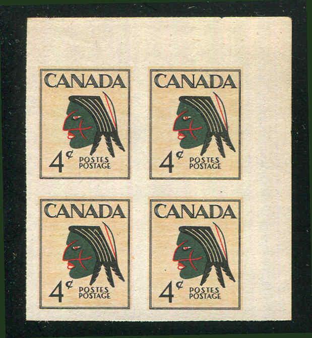 CANADA INDIAN HEAD UNISSUED ESSAY CORNER BLOCK MNH 1950