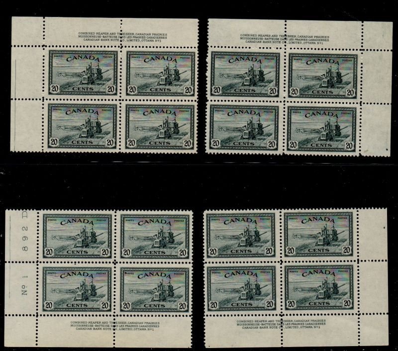 Canada Sc 271 1946 20c harvesting stamp matched set plate blocks # 1 mint NH