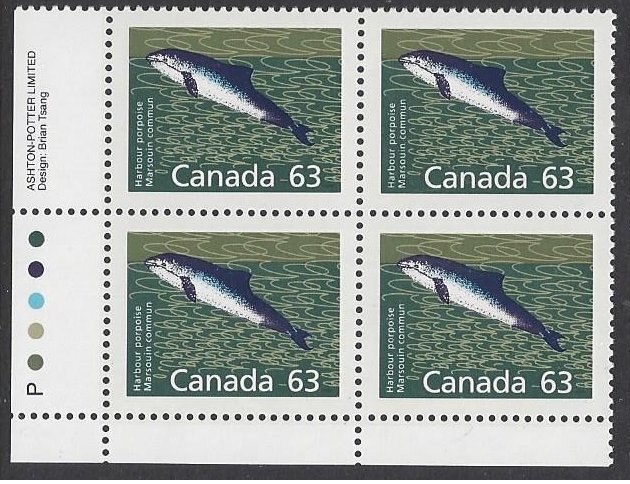 Canada #1176a  MNH set of 4 plate blocks, harbour porpoise, issued 1990