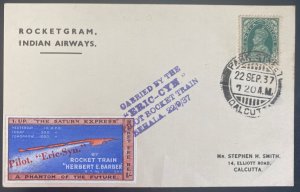 1937 Calcutta India Experimental Rocket Flight Postcard cover By Eric Syn Pilot