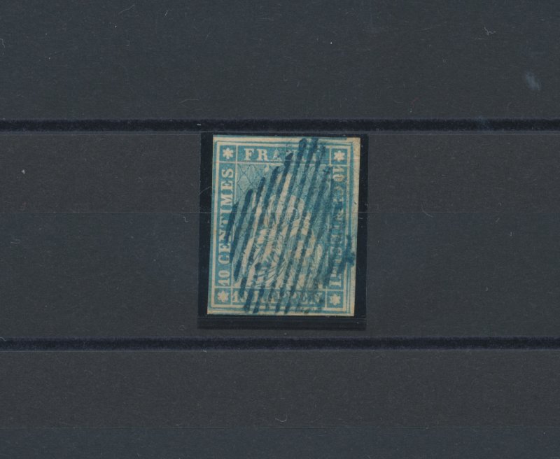 1856-57 SWITZERLAND, No. 27ea, 10 r. blue (red thread) Signed Raybaudi and Olive