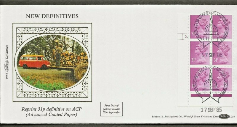 17/9/1985 31p x 6 REPRINT DEFINITIVE ACP CYLINDER BLOCK DEFINITIVE FDC 