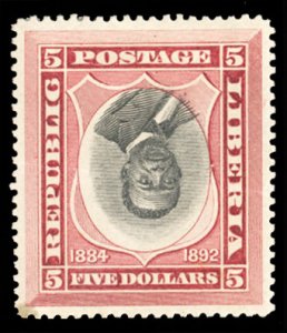 Liberia #49a Cat$400, 1892 $5 carmine & black, President Johnson, center inve...