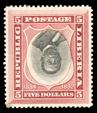 Liberia #49a Cat$400, 1892 $5 carmine & black, President Johnson, center inve...