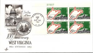 FDC 1963 SC #1232 Artcraft Cachet - Wheeling W. VA - Plate Block of 4 - F64022