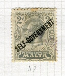 MALTA; 1922 early GV SELF - GOVT Wmk Script issue fine used 2d. value