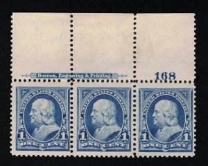 GENUINE SCOTT #264 MINT OG NH FULL BEP IMPRINT & PLATE 168 STRIP OF 3 #20458