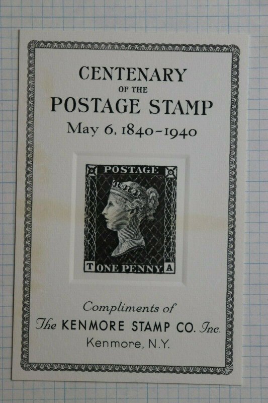 Kenmore Stamp Dealer Centenary 1940 Penny Black Free Philatelic Souvenir Ad 