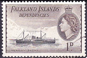 FALKLAND ISLANDS 1954 QEII 1d Black & Sepia-Brown SGG27 Used