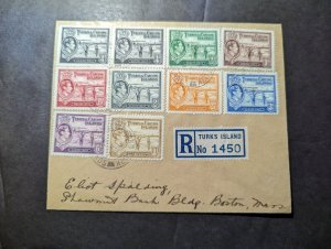 1941 Registered British Turks and Caicos Stamp Set Cover to Boston MA USA