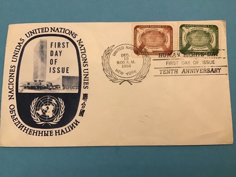 United Nations New York Humans Right Day FDI 1958 Stamp Cover R42897