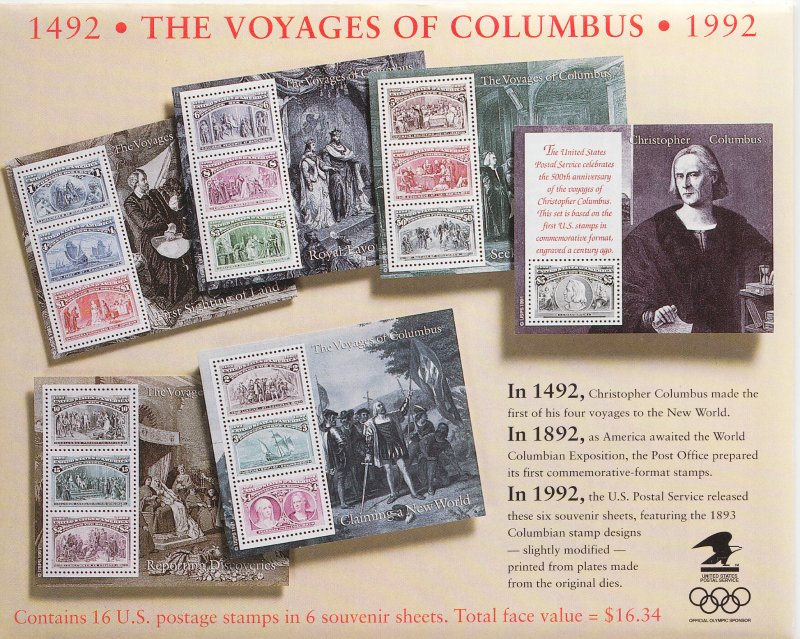 US Sc 2624-2629 MNH.1992 Columbus Souvenir Sheets in Original USPS Envelope, VF