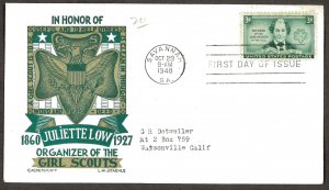 U.S.A. SC##974 Juliette Low - Girl Scout Stamp - Cachet Craft / Staeh (1948) FDC