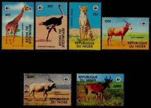 Niger 447-52 MNH WWF, animals, Giraffe, Ostrich, Cheetah, Oryx, Addax