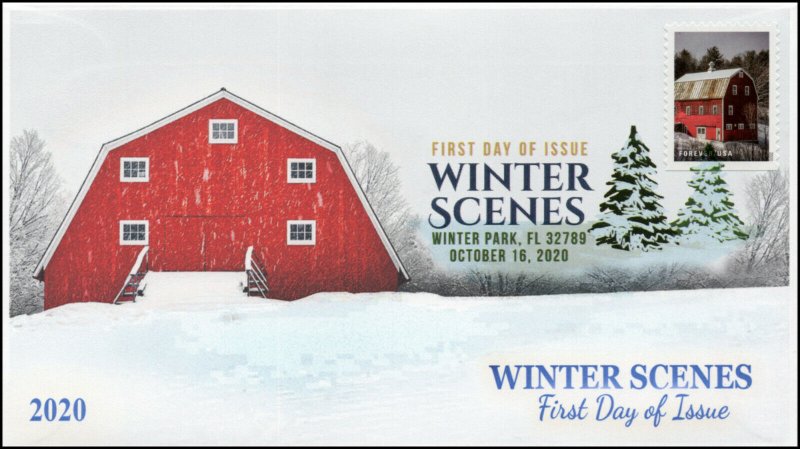 20-241, 2020, Winter Scenes, FDC, Digital Color Postmark, Red Barn