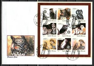 Guinea Bissau, Mi cat. 1455-1463 B. Owls, IMPERF sheet. Large First day cover.