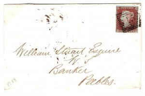 GB 1d Red Imperf Cover Plate 88 MISPLACED *T* Scotland Peebles 1850 13a.33 