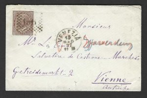 ITALY 1877 SCOTT # 30 THIRTY CENTS TIED TO COVER VENICE 13 MAY 1877 TO VIENNA