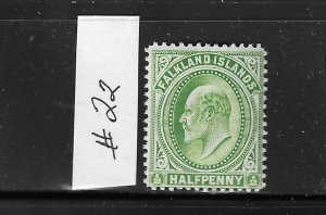 FALKLAND IS SCOTT #22 1904-07 EDWAARD VII  1/2P (YELLOW GREEN) MINT LH