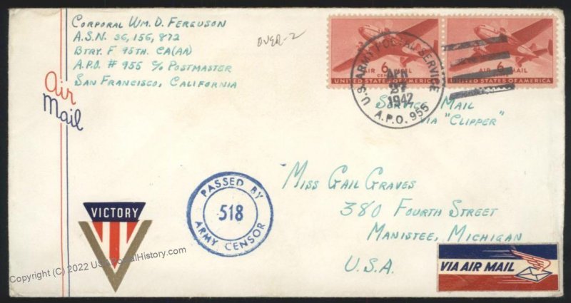 Hawaii USA APO 955 Victory Military Territorial Mail Cover 109143