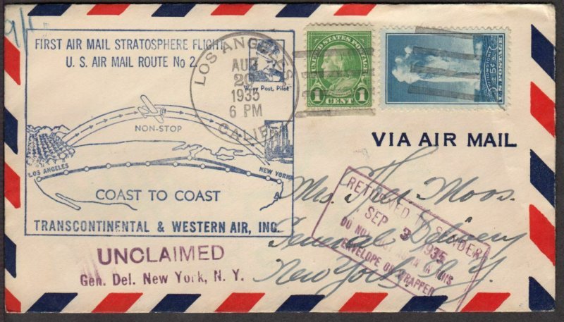 1935 Wiley Post transcontinent stratospheric Airmail flight, California to NY (H