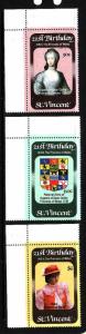 St Vincent-Sc#647-9-unused NH set-Princess Diana-Birthday-1982-