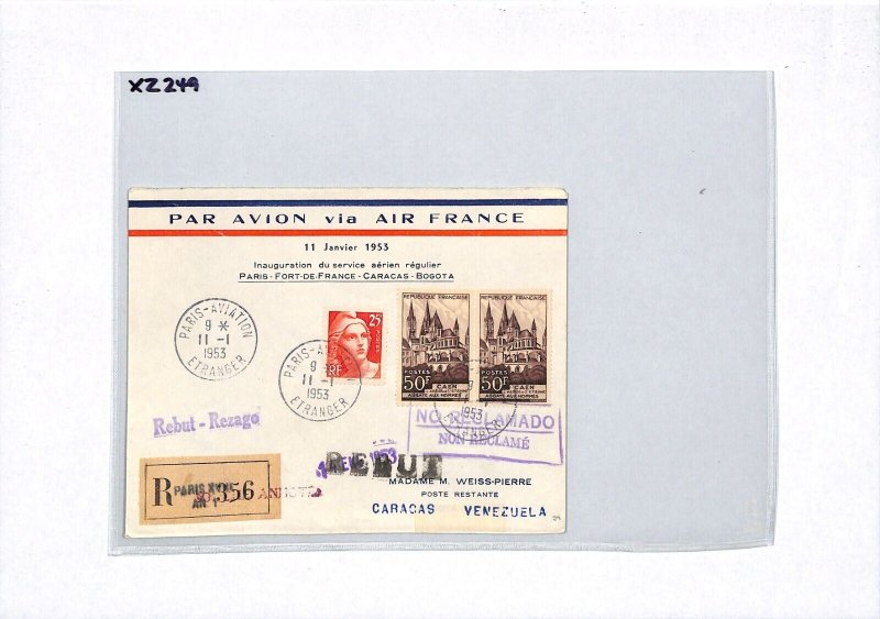FRANCE Air Mail 1953 Cover Paris FIRST FLIGHT VENEZUELA Caracas AIR FRANCE XZ249