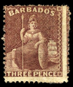 Barbados #52 (SG 75) Cat£170, 1875-78 3p violet, usual centering, lightly hinged