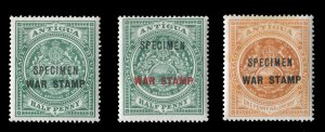 Antigua #MR1-3S Cat$75, 1916-18 War Tax, set of three, overprinted Specimen, ...