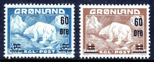 GREENLAND — SCOTT 39-40 — 1956 POLAR BEAR SURCHARGE SET — MH — VF-XF — SCV $76