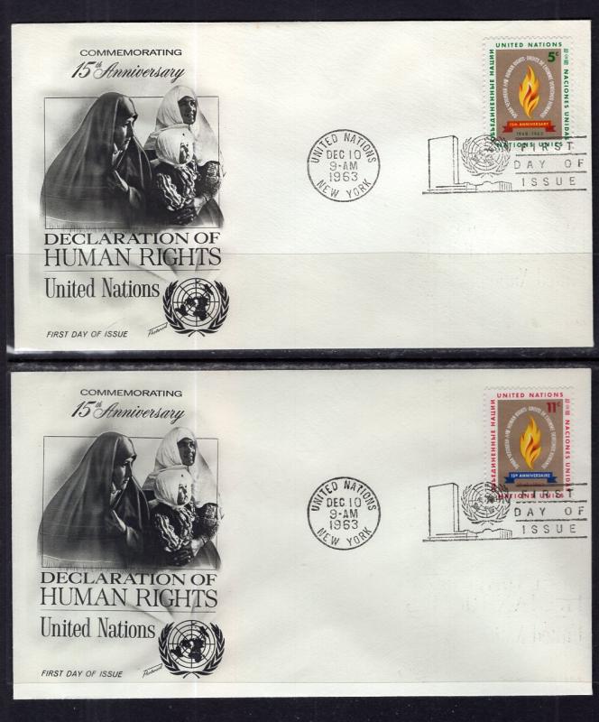 UN New York 121-122 Human Rights Fleetwood Set of Two U/A FDCs