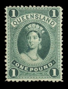 Queensland #83 Cat$350, 1886 £1 dark green, hinged