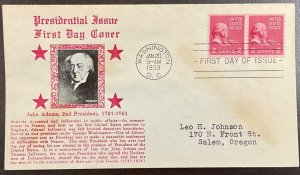 841 Crosby cachet John Adams Coils, Presidential Series FDC 1939