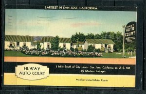 USA 1946 Color Postal Card Used Hi-way auto court San Jose California 10280