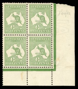 Australia #1 Cat$68+, 1913 1/2p green, corner margin block of four, never hin...