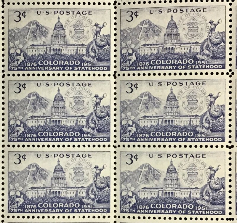  1001     Colorado Statehood-75th Anniversary MNH 3 c Sheet of 50  1951 