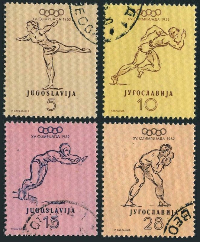 Yugoslavia 359-362,CTO.Mi 698-701. Olympics Helsinki 1952.Gymnast,Swimmer,Boxer,