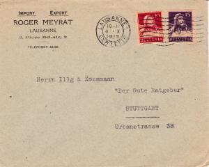 Switzerland 1919 10c & 15c Tell Bust on Lausanne Comercial Cover to Stuttgart