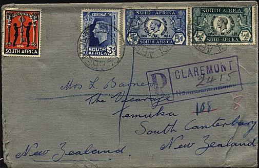 SOUTH AFRICA 1937 Registered cover - Jubilees, Cinderella etc to New Zealand