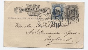 1879 New York postal card uprated 1ct banknote to England [y8920]