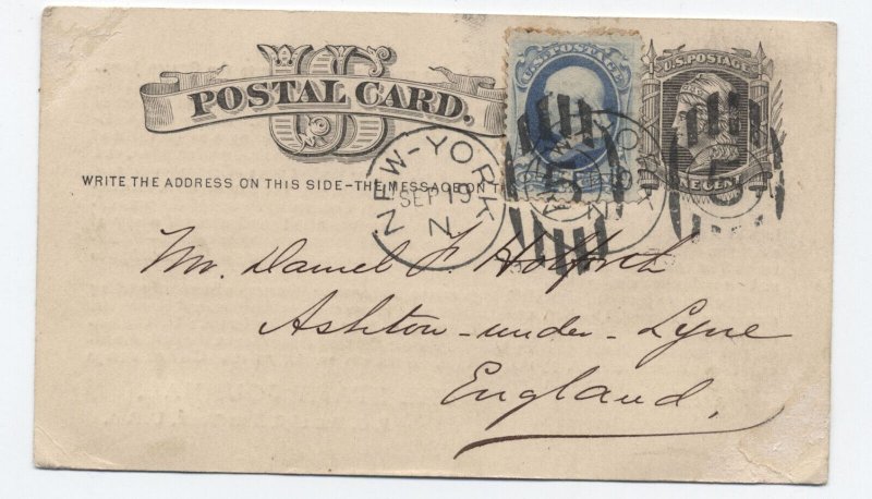 1879 New York postal card uprated 1ct banknote to England [y8920]