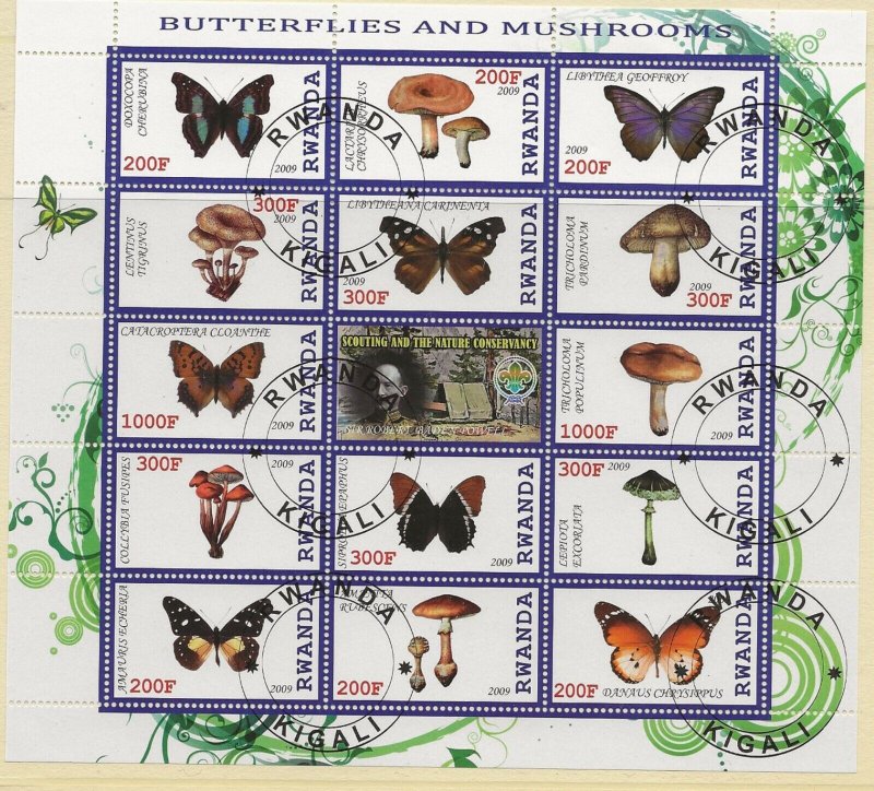 Thematic stamps Rwanda 2009 Butterflys-Mushrooms 14 value sheet used