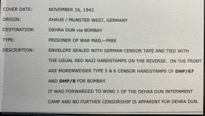 1942 Munster Germany Censored Cover To Prisoner Of War POW Dehra Dun India