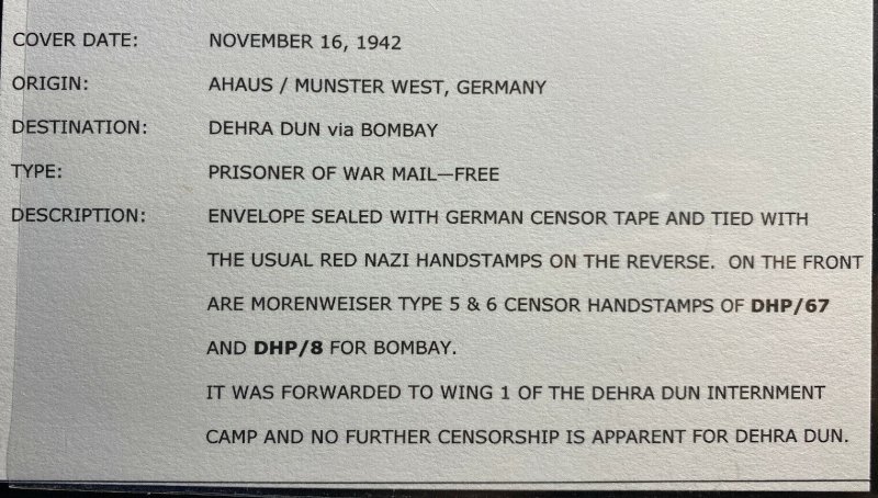 1942 Munster Germany Censored Cover To Prisoner Of War POW Dehra Dun India