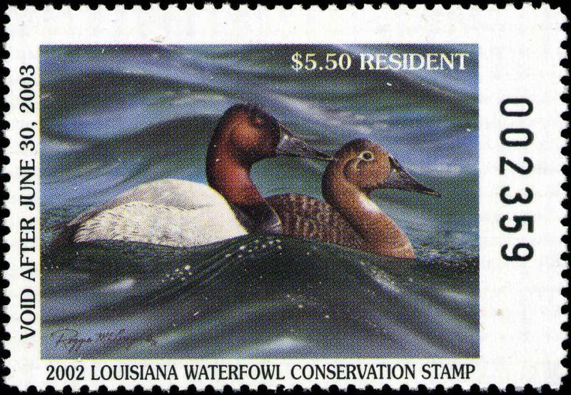 LOUISIANA #14 2002 STATE DUCK STAMP CANVASBACKS By Reggie McLeroy