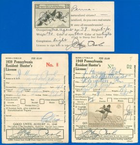 1936-40 LOT/3 MIGRATORY HUNTING LICENSES w DUCK STAMPS! #RW3, RW6 & RW7! (SK)