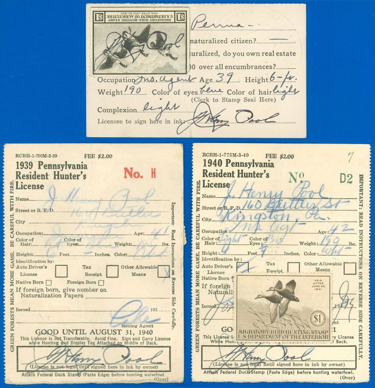 193640 LOT/3 Migratory Hunting Licenses W Duck Stamps! Rw3, RW6 & Rw7
